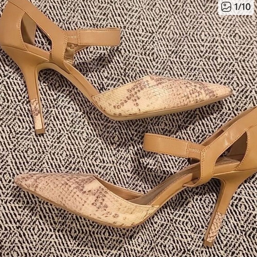BCBGeneration Tan Snake-Print Pointed-Toe Ankle-Strap Heels
